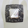 Sterling Silver Mother of Pearl &amp; Marcasite Very Large Ornate Square Cluster Ring
