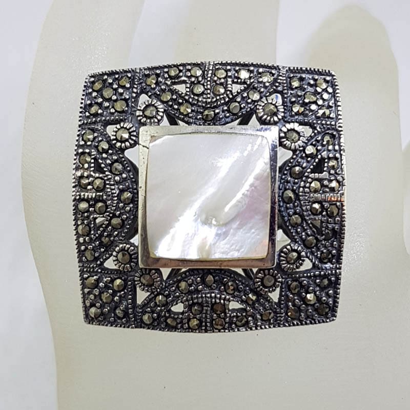 Sterling Silver Mother of Pearl &amp; Marcasite Very Large Ornate Square Cluster Ring