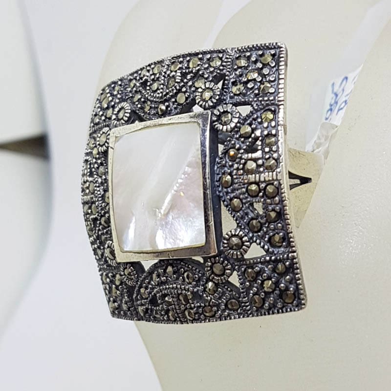 Sterling Silver Mother of Pearl &amp; Marcasite Very Large Ornate Square Cluster Ring
