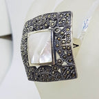 Sterling Silver Mother of Pearl &amp; Marcasite Very Large Ornate Square Cluster Ring