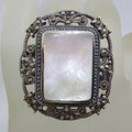 Sterling Silver Mother of Pearl &amp; Marcasite Very Large Ornate Rectangular Cluster Ring