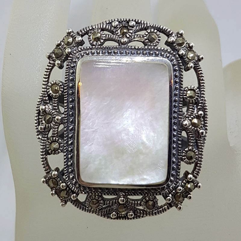 Sterling Silver Mother of Pearl &amp; Marcasite Very Large Ornate Rectangular Cluster Ring