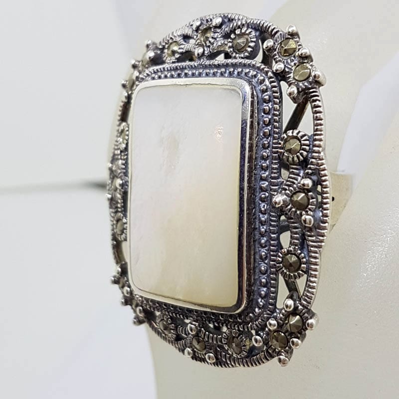 Sterling Silver Mother of Pearl &amp; Marcasite Very Large Ornate Rectangular Cluster Ring