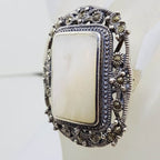 Sterling Silver Mother of Pearl &amp; Marcasite Very Large Ornate Rectangular Cluster Ring
