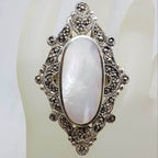 Sterling Silver Mother of Pearl &amp; Marcasite Very Large Ornate Oval in Marquis Cluster Ring