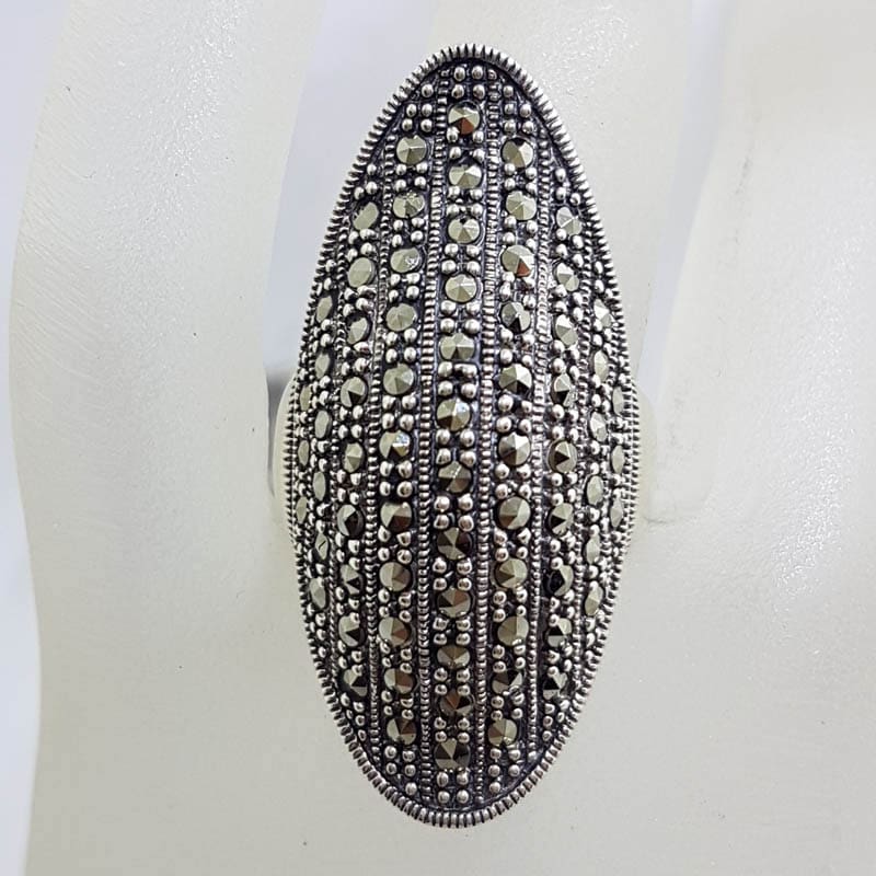 Sterling Silver Long Elongated Oval Marcasite Ring - Domed