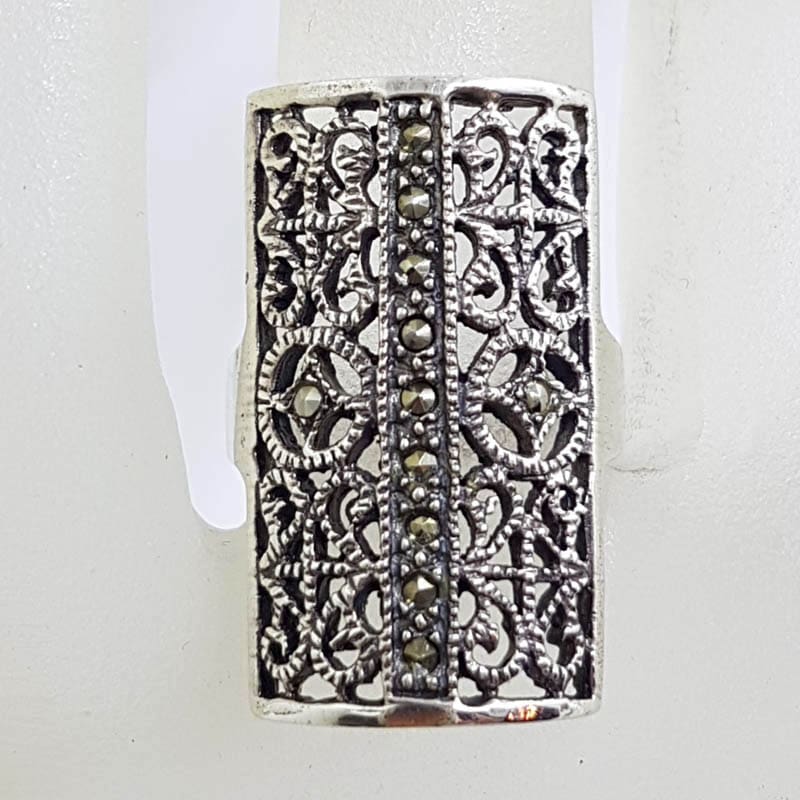 Sterling Silver Large Filigree Ornate Rectangular Marcasite Ring