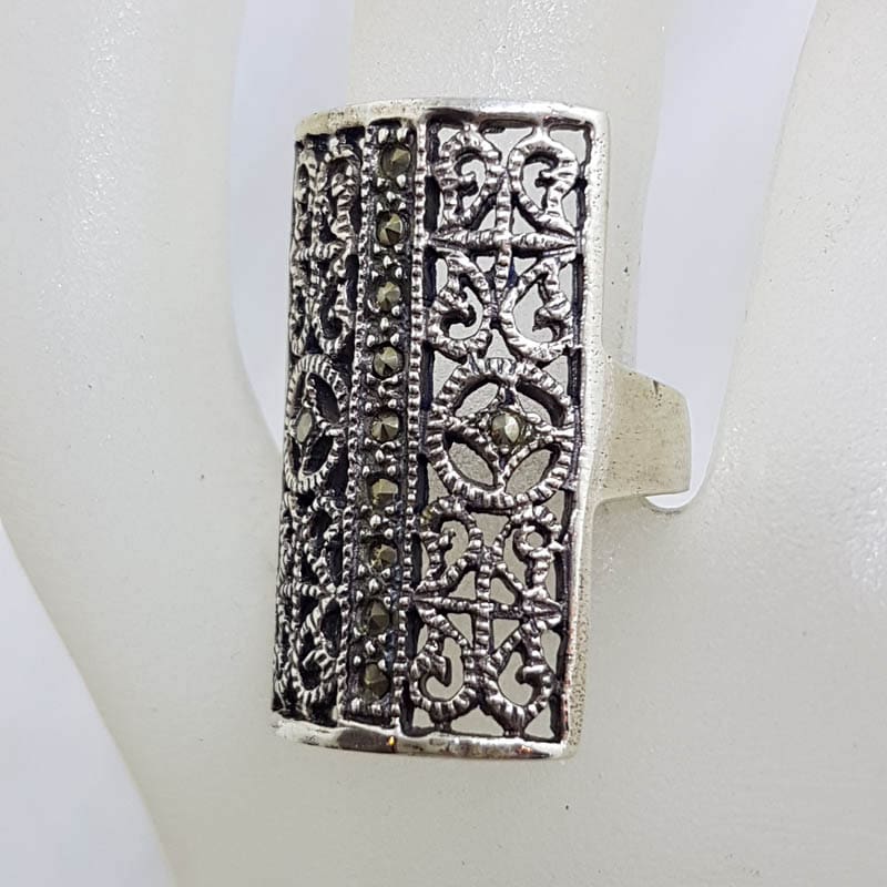 Sterling Silver Large Filigree Ornate Rectangular Marcasite Ring