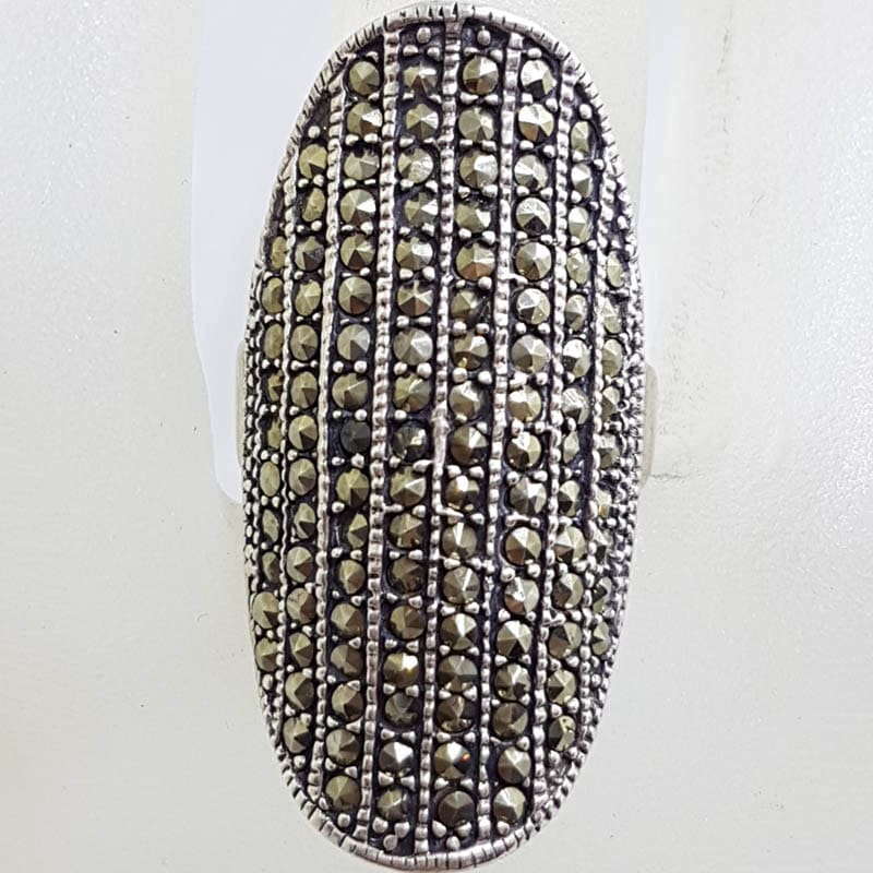 Sterling Silver Long Elongated Oval Marcasite Ring - Domed