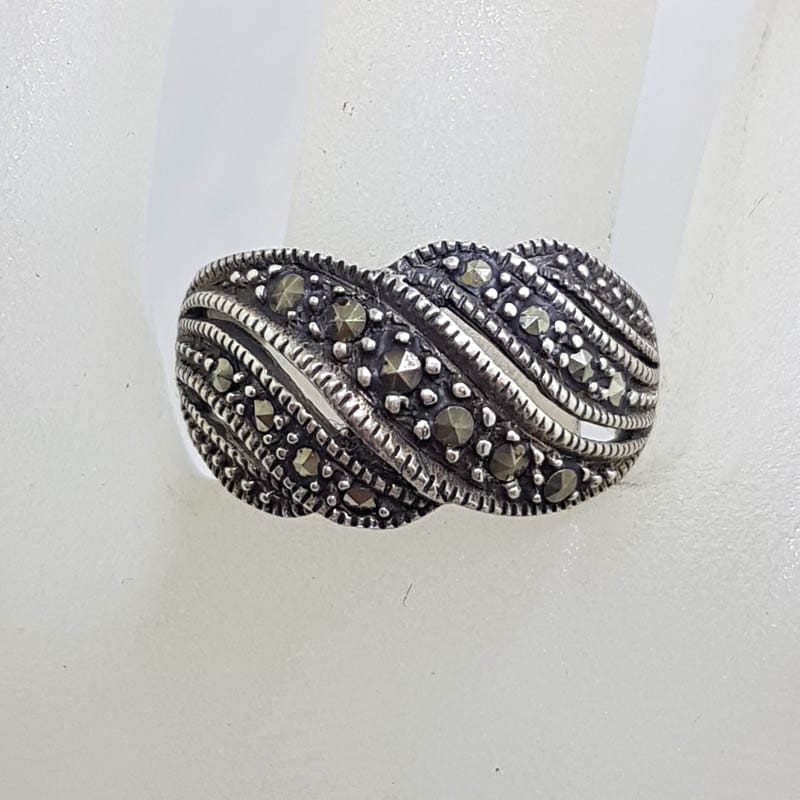 Sterling Silver Wide Wave Design Marcasite Band Ring