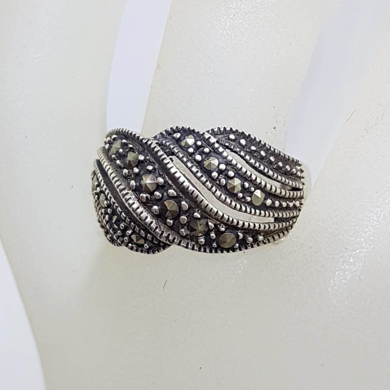 Sterling Silver Wide Wave Design Marcasite Band Ring