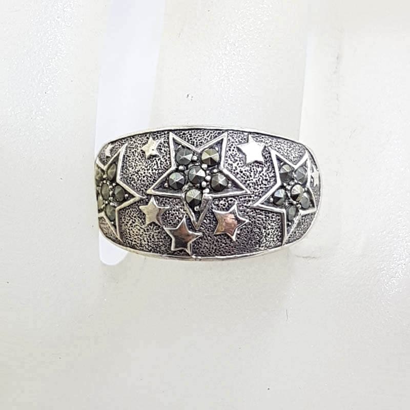 Sterling Silver Wide Marcasite Band with Star Motif Ring