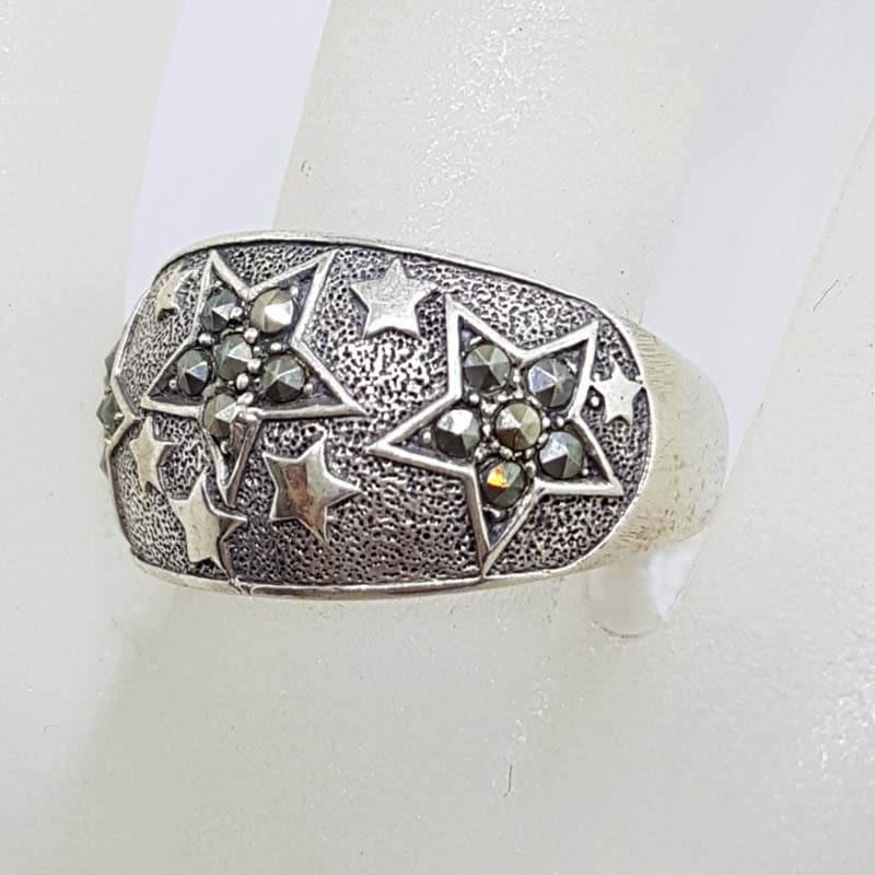 Sterling Silver Wide Marcasite Band with Star Motif Ring