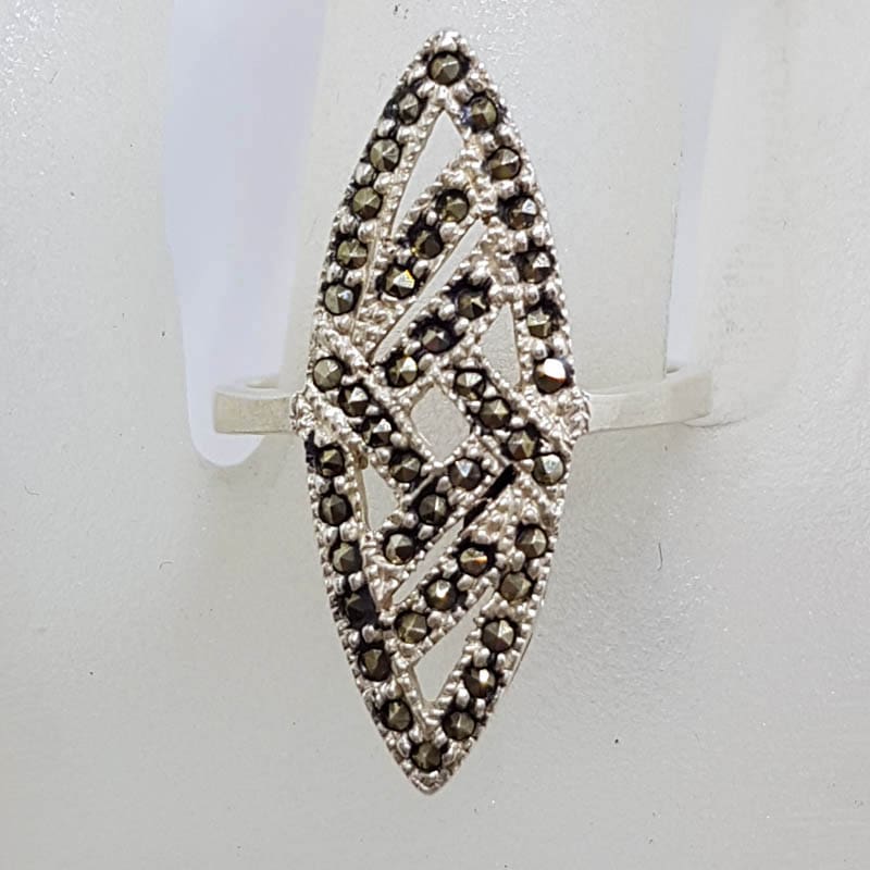 Sterling Silver Marcasite Elongated Marquis / Canoe Shape Art Deco Style Cluster Ring