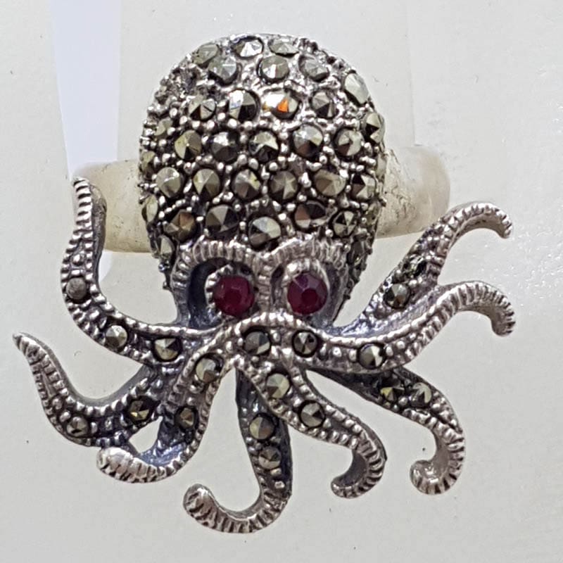 Sterling Silver Marcasite with Red Eyes Octopus Ring