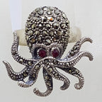 Sterling Silver Marcasite with Red Eyes Octopus Ring
