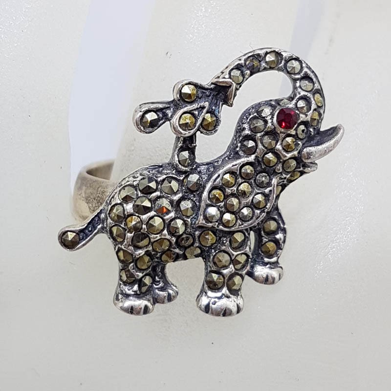 Sterling Silver Marcasite Elephant with Red Eye Ring
