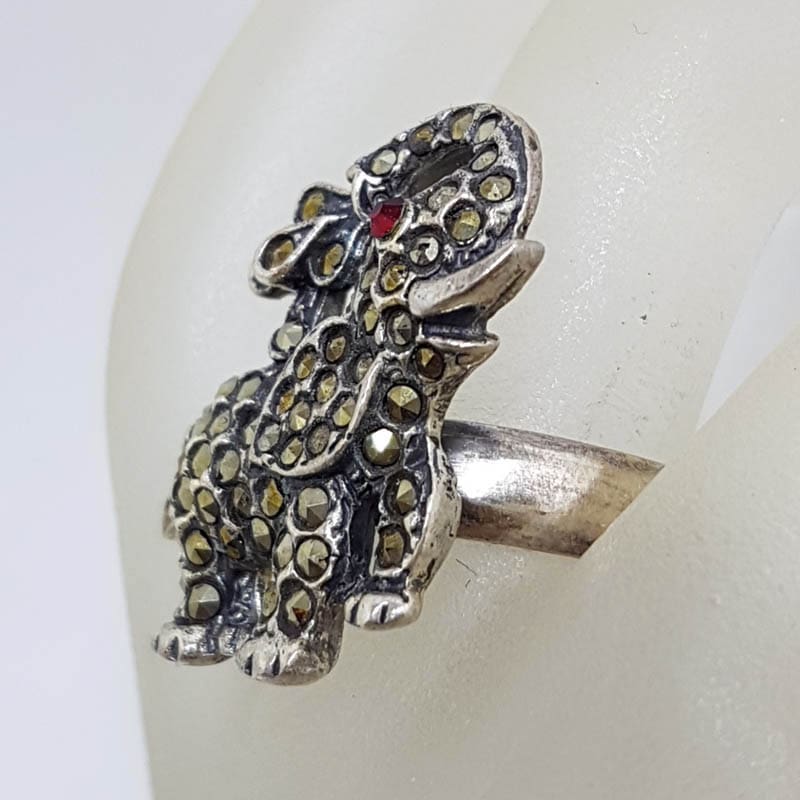 Sterling Silver Marcasite Elephant with Red Eye Ring