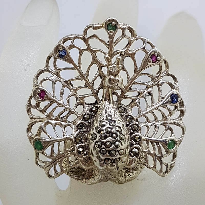 Sterling Silver Marcasite, Ruby, Emerald and Sapphire Large Ornate Peacock Ring