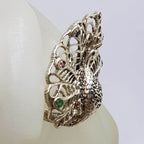 Sterling Silver Marcasite, Ruby, Emerald and Sapphire Large Ornate Peacock Ring