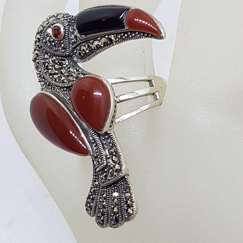 Sterling Silver Large Toucan Ring with Marcasite, Onyx, Garnet and Carnelian