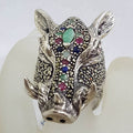 Sterling Silver Very Large Wild Boar/Pig Head Ring with Marcasite, Ruby, Sapphire and Emerald