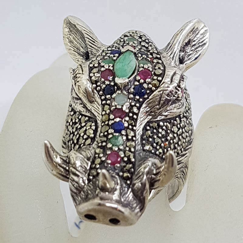 Sterling Silver Very Large Wild Boar/Pig Head Ring with Marcasite, Ruby, Sapphire and Emerald