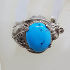 Sterling Silver Marcasite, Recon. Turquoise and Ruby Very Large Elephant Ring