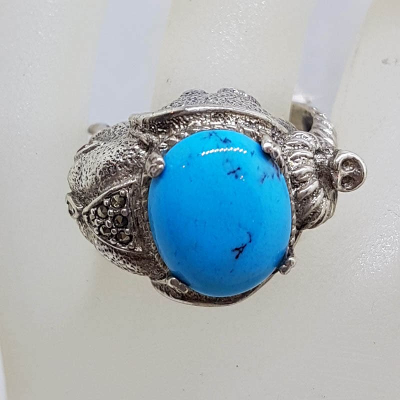 Sterling Silver Marcasite, Recon. Turquoise and Ruby Very Large Elephant Ring