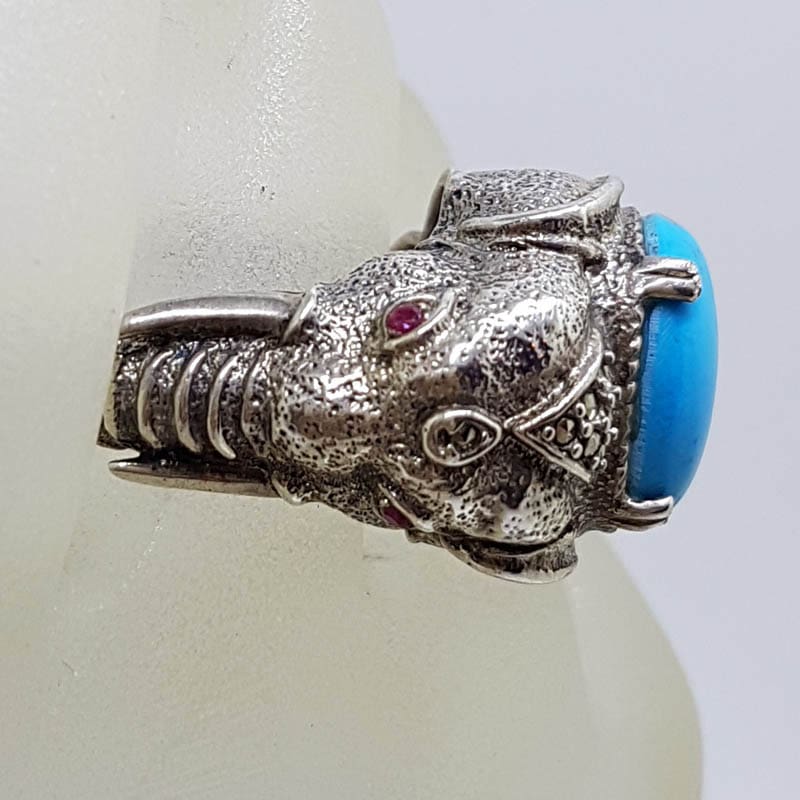 Sterling Silver Marcasite, Recon. Turquoise and Ruby Very Large Elephant Ring