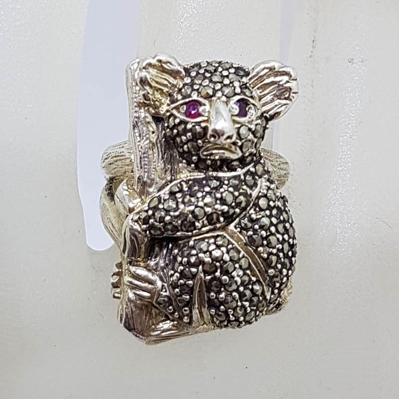 Sterling Silver Marcasite &amp; Garnet Large Koala Bear Ring