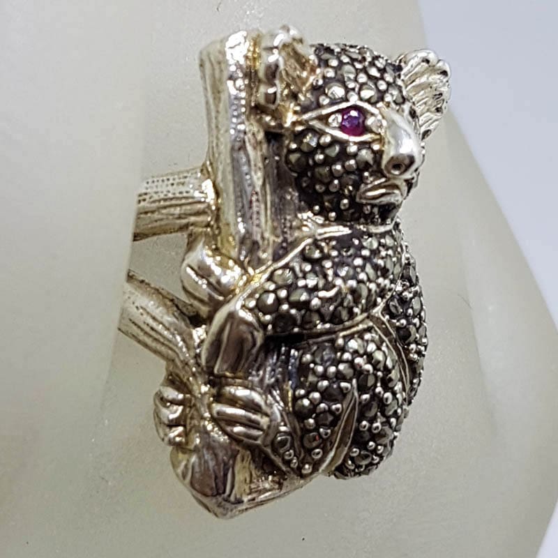 Sterling Silver Marcasite &amp; Garnet Large Koala Bear Ring