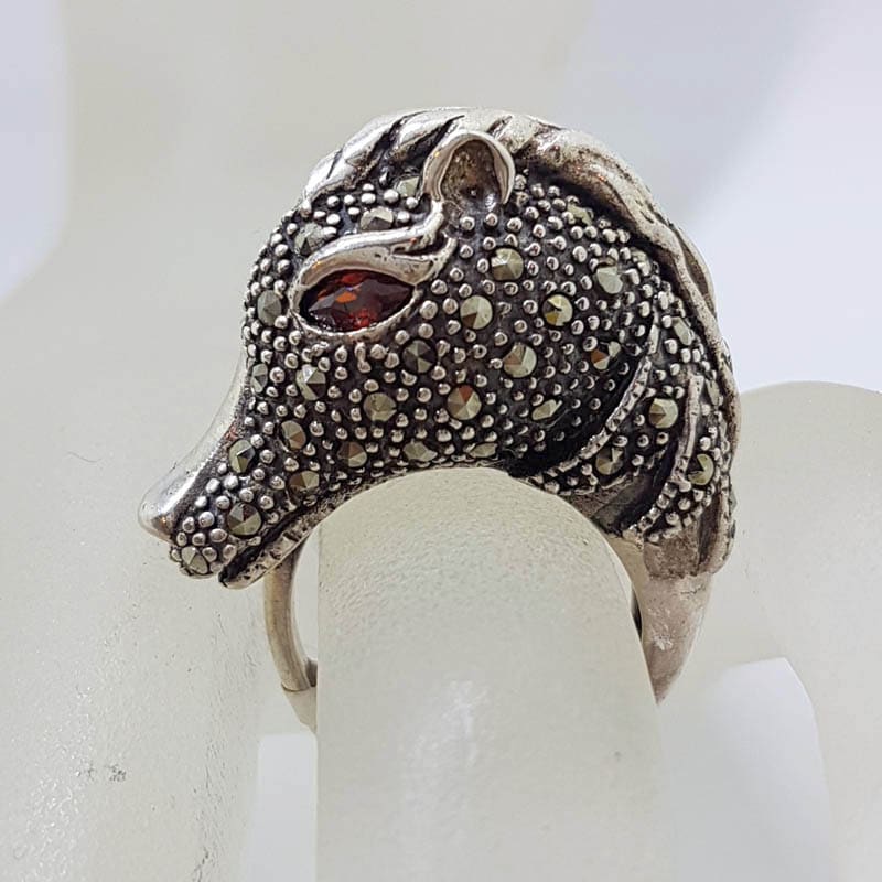 Sterling Silver Marcasite &amp; Garnet Large Horse Head Ring