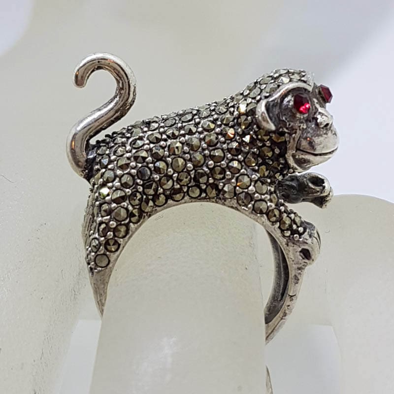 Sterling Silver Marcasite with Red Eyes Monkey Ring