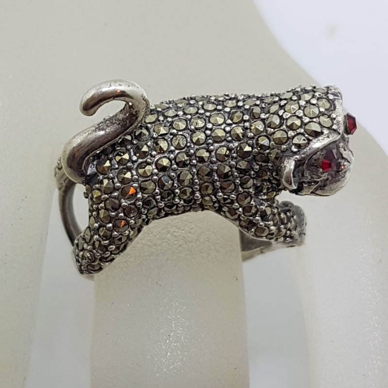 Sterling Silver Marcasite with Red Eyes Monkey Ring