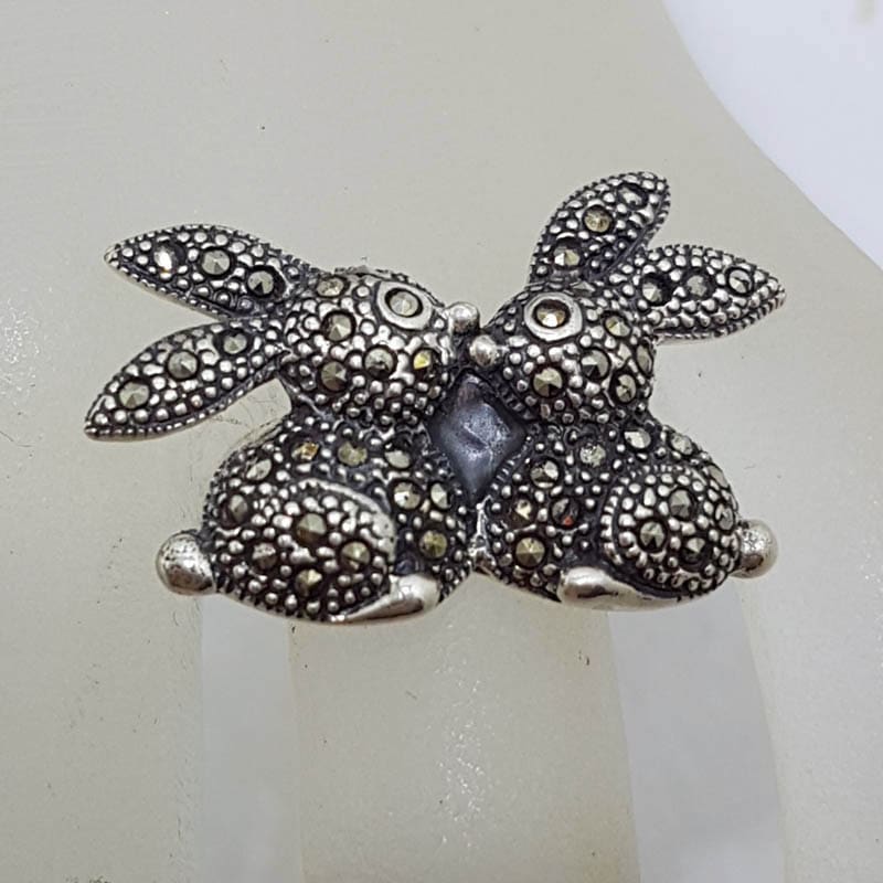 Sterling Silver Marcasite Two Rabbits / Bunny Ring