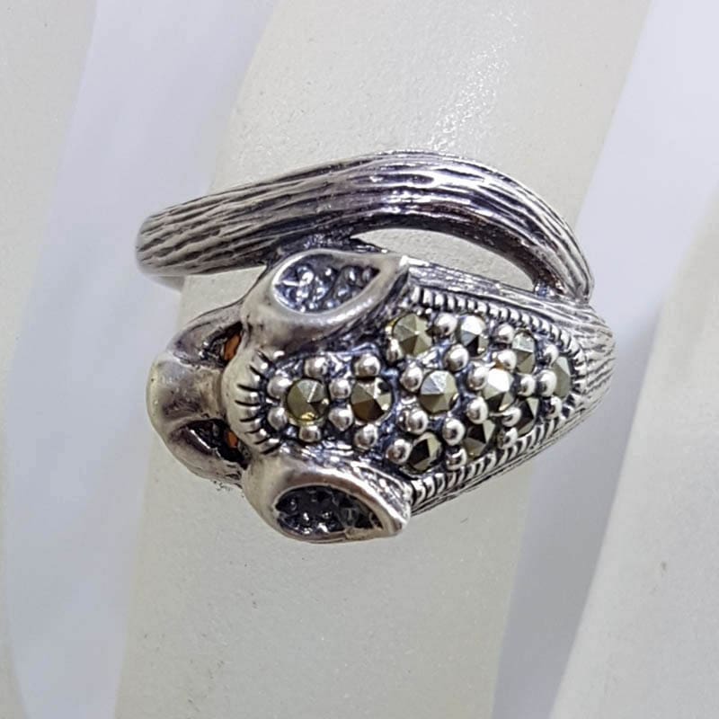 Sterling Silver Marcasite &amp; Ruby Cat / Panther / Bat Head Ring