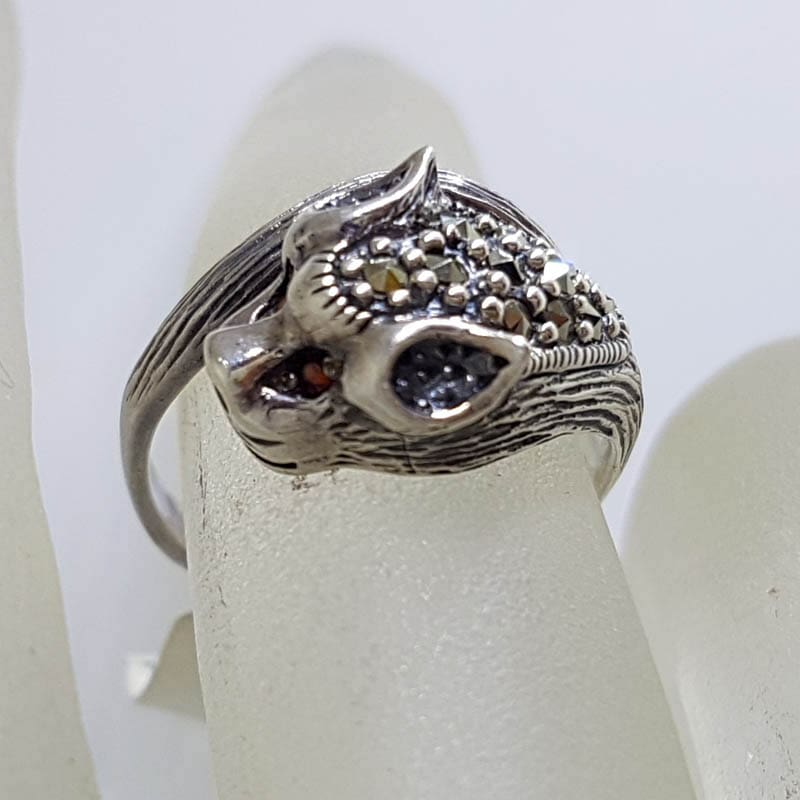 Sterling Silver Marcasite &amp; Ruby Cat / Panther / Bat Head Ring