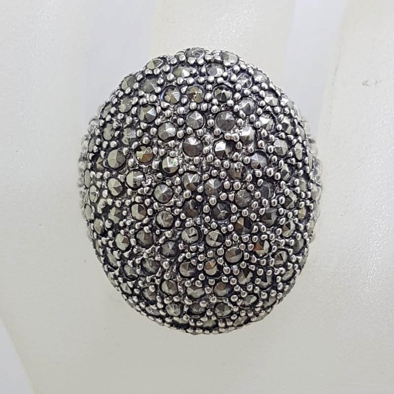 Sterling Silver Very Large Oval Marcasite Bulky and Heavy Ring with Patterned Sides