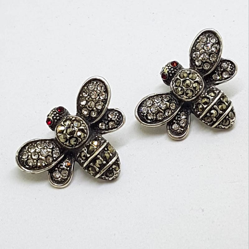 Sterling Silver Marcasite &amp; Cubic Zirconia Large Butterfly Studs Earrings - Available in Black or Clear