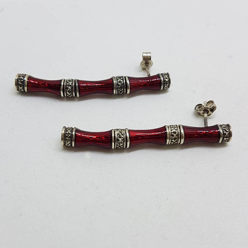 Sterling Silver Marcasite &amp; Red Enamel Long Bamboo Style Earrings