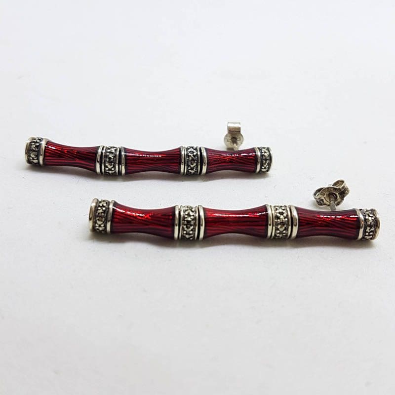 Sterling Silver Marcasite &amp; Red Enamel Long Bamboo Style Earrings
