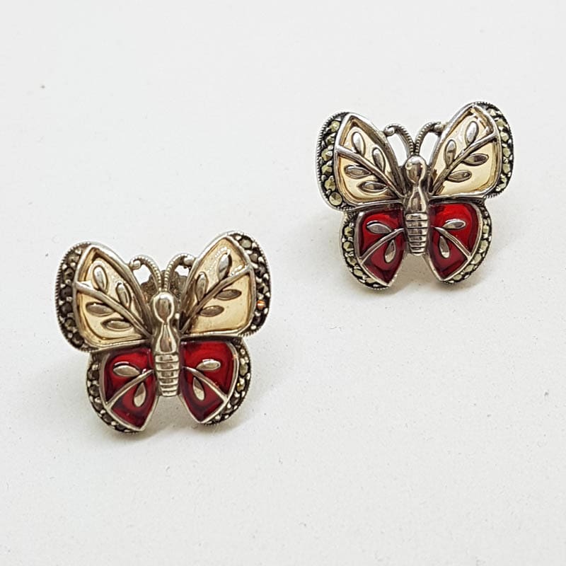 Sterling Silver Marcasite &amp; Red and Pink Enamel Butterfly Stud Earrings