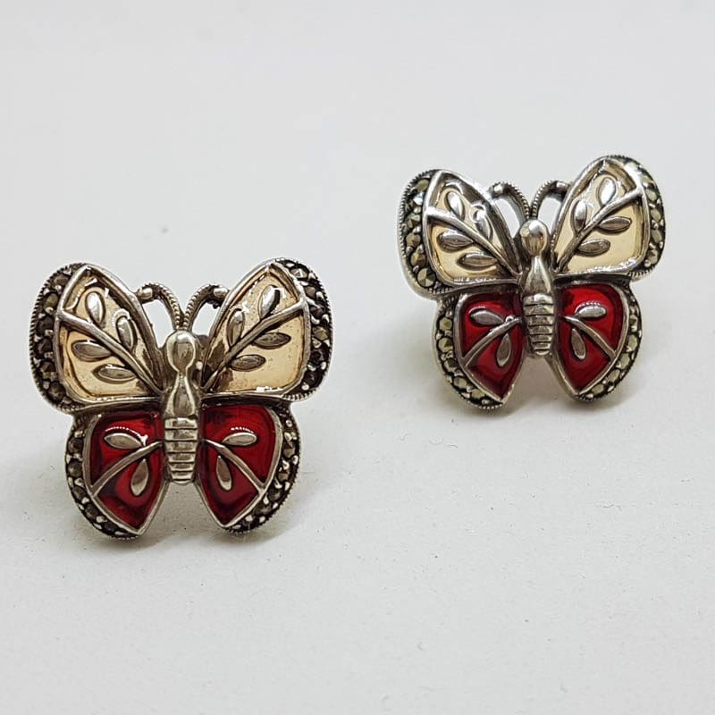 Sterling Silver Marcasite &amp; Red and Pink Enamel Butterfly Stud Earrings