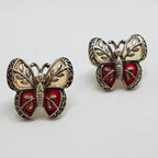 Sterling Silver Marcasite &amp; Red and Pink Enamel Butterfly Stud Earrings