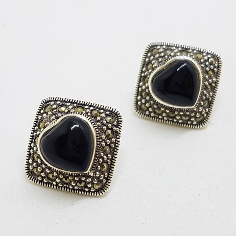 Sterling Silver Marcasite &amp; Onyx Heart Stud Earrings