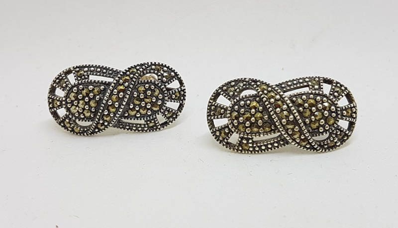 Sterling Silver Marcasite Large Oval Filigree Stud Earrings