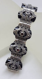 Sterling Silver Marcasite, Onyx &amp; Garnet Art Deco Style Bracelet