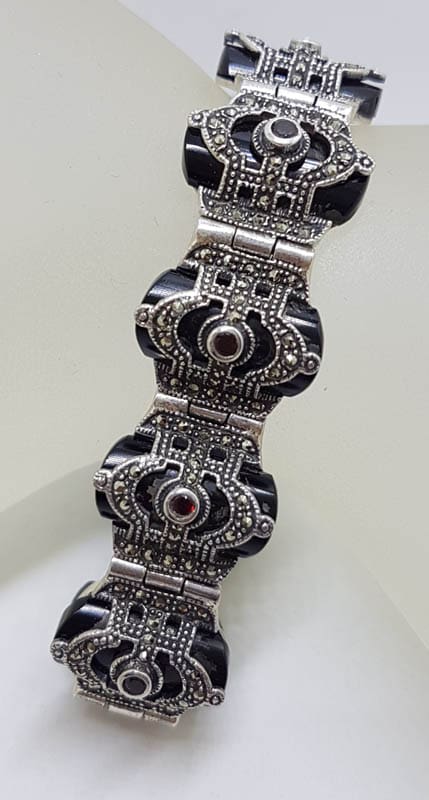 Sterling Silver Marcasite, Onyx &amp; Garnet Art Deco Style Bracelet