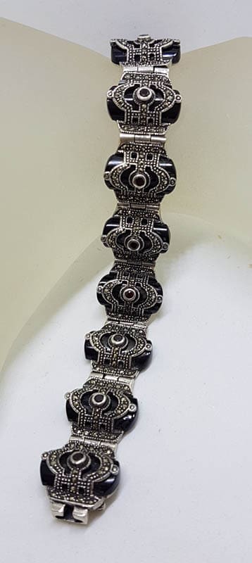 Sterling Silver Marcasite, Onyx &amp; Garnet Art Deco Style Bracelet